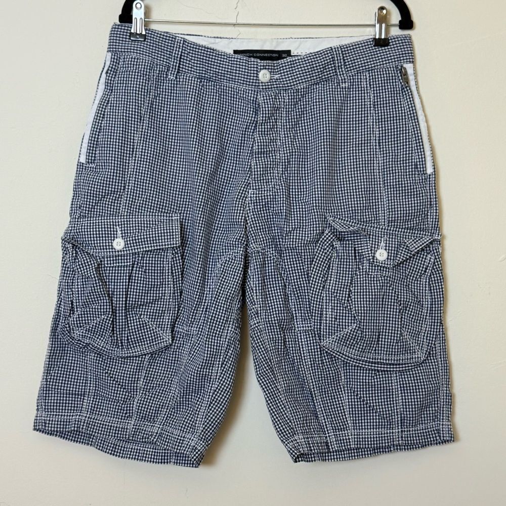French Connection Men’s Gingham Cargo Shorts – Navy/White, Size 32